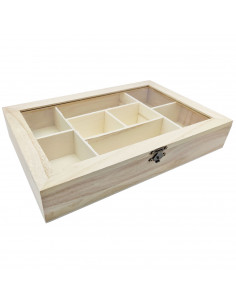 Caja de madera, 8 compartimentos, tapa de cristal, expositor joyas, organizador, joyero, collares, brazaletes, pendientes, reloj