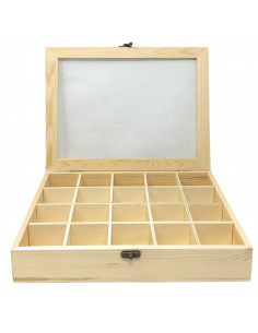 Caja de madera, 20 compartimentos, tapa de cristal, expositor joyas, organizador, joyero, collares, brazaletes, pendientes, relo