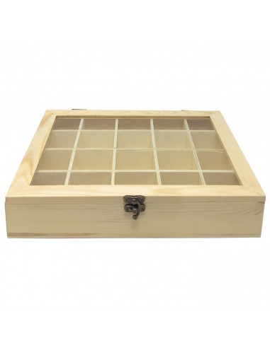Caja de madera, 20 compartimentos, tapa de cristal, expositor joyas, organizador, joyero, collares, brazaletes, pendientes, relo