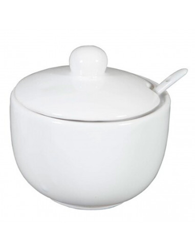 Tradineur - Azucarero redondo de cerámica con tapa y cucharilla, recipiente para azúcar, sal, condimentos de cocina (Blanco, 11