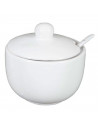 Tradineur - Azucarero redondo de cerámica con tapa y cucharilla, recipiente para azúcar, sal, condimentos de cocina (Blanco, 11