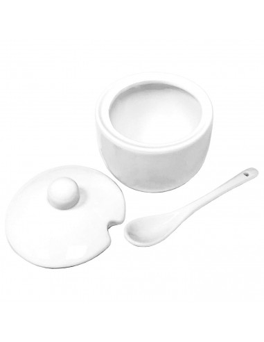 Tradineur - Azucarero redondo de cerámica con tapa y cucharilla, recipiente para azúcar, sal, condimentos de cocina (Blanco, 11