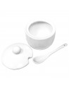 Tradineur - Azucarero redondo de cerámica con tapa y cucharilla, recipiente para azúcar, sal, condimentos de cocina (Blanco, 11