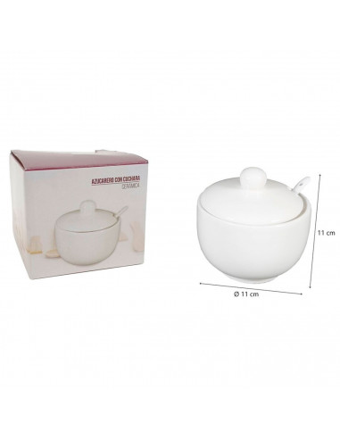 Tradineur - Azucarero redondo de cerámica con tapa y cucharilla, recipiente para azúcar, sal, condimentos de cocina (Blanco, 11