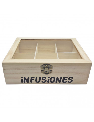 Caja de madera "Infusiones" con 6 compartimentos y tapa de cristal 6,5 x 20,5 x 15,5 cm. Caja de almacenamiento para guardar inf
