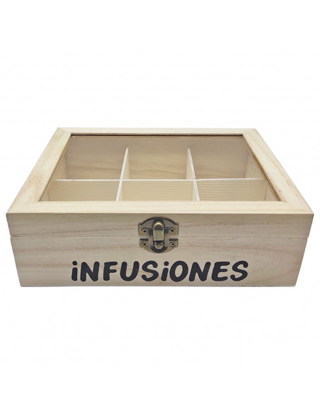 Caja de madera "Infusiones" con 6 compartimentos y tapa de cristal 6,5 x 20,5 x 15,5 cm. Caja de almacenamiento para guardar inf
