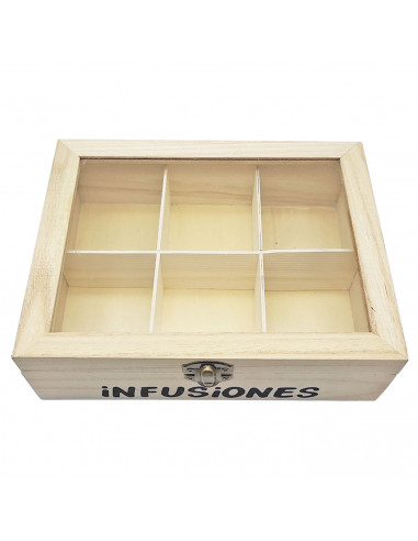 Caja de madera "Infusiones" con 6 compartimentos y tapa de cristal 6,5 x 20,5 x 15,5 cm. Caja de almacenamiento para guardar inf