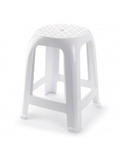 Tradineur - Taburete de plástico blanco con reposapiés, asiento de 26 x 26 cm, banqueta multiusos, cocina, salón, baño, hogar, 4