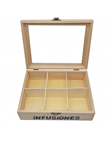 Caja de madera "Infusiones" con 6 compartimentos y tapa de cristal 6,5 x 20,5 x 15,5 cm. Caja de almacenamiento para guardar inf