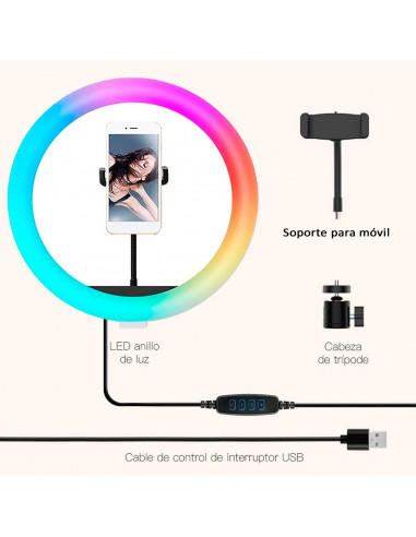 Anillo de luz multicolor LED, aro iluminación fotográfica con soporte para móvil, videoconferencia, selfie, Tik Tok, maquillaje,