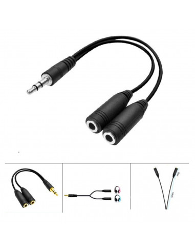 Cable corto de audio, mini jack macho de 3,5 mm a doble mini jack hembra de 3,5 mm, reproductores de música, altavoces (Negro, 1