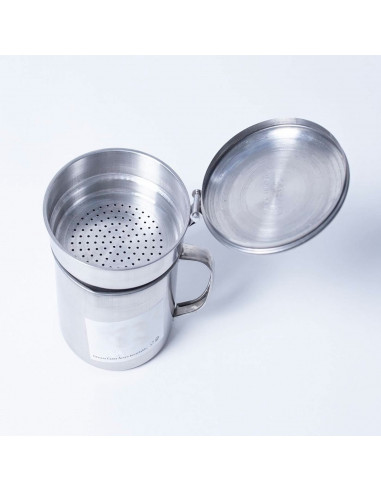 Tradineur - Grasera de metal para carne de 9,2 cm de diámetro y 10,7 cm de altura, con filtro, asa y tapa. Aceitera con colador
