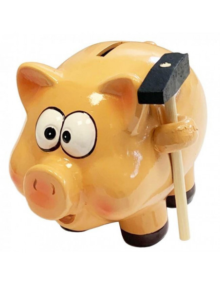 Hucha cerdito de cerámica con martillo 18 x 18 x 21 cm. Caja de ahorro de dinero infantil, decoración original para niños y niña