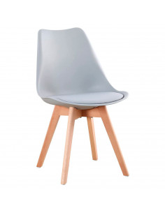 Tradineur- Silla con cojín, patas de madera y asiento de plástico gris 81 x 46 x 53 cm, estilo nórdico, interior, diseño escandi