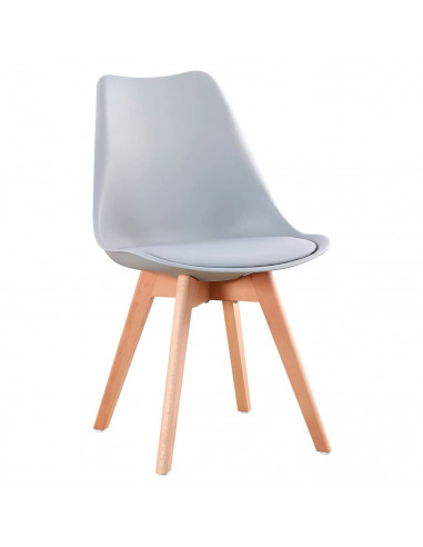 Tradineur- Silla con cojín, patas de madera y asiento de plástico gris 81 x 46 x 53 cm, estilo nórdico, interior, diseño escandi