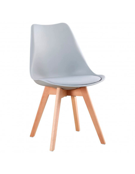 Tradineur- Silla con cojín, patas de madera y asiento de plástico gris 81 x 46 x 53 cm, estilo nórdico, interior, diseño escandi Tradineur- Silla con cojín, patas de madera y asiento de plástico gris 81 x 46 x 53 cm, estilo nórdico, interior, diseño escandi