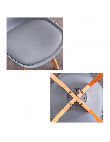 Tradineur- Silla con cojín, patas de madera y asiento de plástico gris 81 x 46 x 53 cm, estilo nórdico, interior, diseño escandi