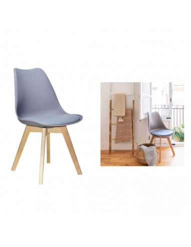 Tradineur- Silla con cojín, patas de madera y asiento de plástico gris 81 x 46 x 53 cm, estilo nórdico, interior, diseño escandi