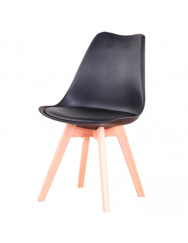 Silla de plástico con cojín y patas de madera, estilo nórdico, silla de interior, diseño escandinavo, color negro, 81 x 46 x 53