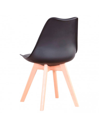 Silla de plástico con cojín y patas de madera, estilo nórdico, silla de interior, diseño escandinavo, color negro, 81 x 46 x 53