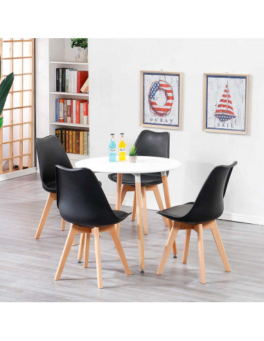Silla de plástico con cojín y patas de madera, estilo nórdico, silla de interior, diseño escandinavo, color negro, 81 x 46 x 53