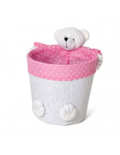 Cesta Oso - Cesta recubierta de tela, de 16 x16 x 15 cm. Cesto para la decoración o almacenaje. Color azul/rosa, colore alternat
