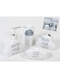 Set de baño de cerámica con dispensador de jabón, vaso, jabonera y portacepillos. dispensador de 15 x 12 x 4 cm, color blanco