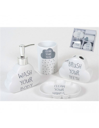 Set de baño de cerámica con dispensador de jabón, vaso, jabonera y portacepillos. dispensador de 15 x 12 x 4 cm, color blanco