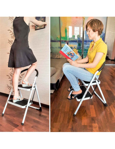 Tradineur - Escalera plegable de acero con 2 peldaños antideslizantes de 30 x 20 cm, taburete multiusos, uso interior o exterior