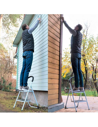 Tradineur - Escalera plegable de acero con 2 peldaños antideslizantes de 30 x 20 cm, taburete multiusos, uso interior o exterior