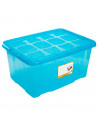 Caja almacenaje con tapa, plástico translúcido, cajón multiusos, ordenación, almacenamiento de objetos, hogar, 60 litros, 29,7 x