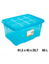 Caja almacenaje con tapa, plástico translúcido, cajón multiusos, ordenación, almacenamiento de objetos, hogar, 60 litros, 29,7 x