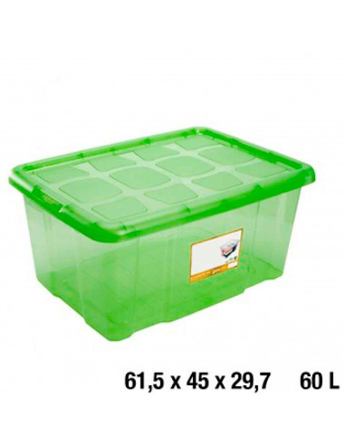 Caja para almacenaje con tapa, plástico translúcido, cajón multiusos, ordenación, almacenamiento objetos, hogar, 60 litros, 29,7