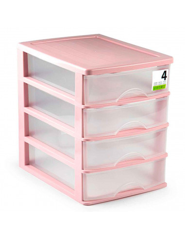 Tradineur - Cajonera sobremesa de plástico, 4 cajones, torre de almacenaje multiusos, escritorio, armario, baño, oficina (Rosa,