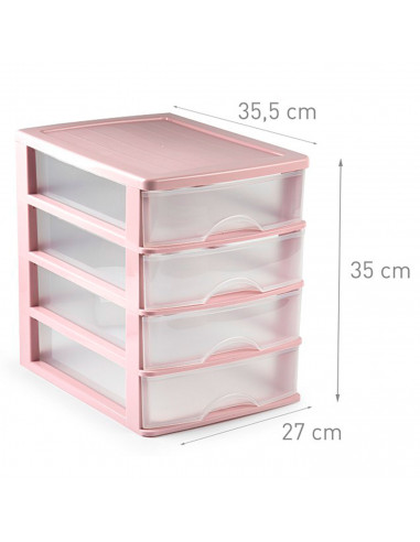 Tradineur - Cajonera sobremesa de plástico, 4 cajones, torre de almacenaje multiusos, escritorio, armario, baño, oficina (Rosa,