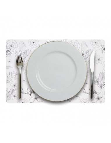 Mantel Individual con diseño floral para la mesa de comedor de plástico, fácil de limpiar, tamaño 28 x 43 cm. Color Blanco y neg