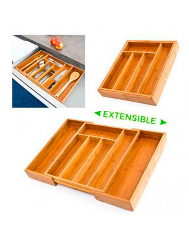 Cubertero, organizador de cubiertos de bambú extensible 5 a 7 compartimentos, 46 x 43 x 5 cm. Bandeja, porta utensilios de mader