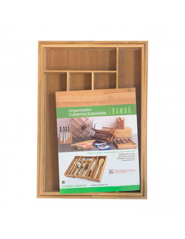 Cubertero, organizador de cubiertos de bambú extensible 5 a 7 compartimentos, 46 x 43 x 5 cm. Bandeja, porta utensilios de mader