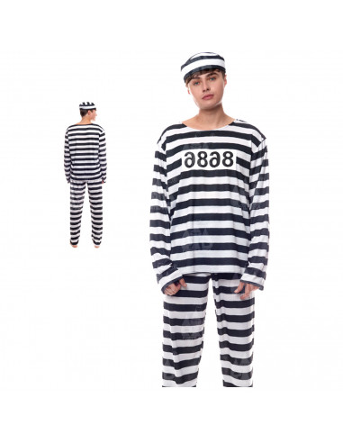 Disfraz de presidiario a rayas, fibra sintética, incluye gorro, preso, cárcel, carnaval, halloween, cosplay, fiestas, adulto uni