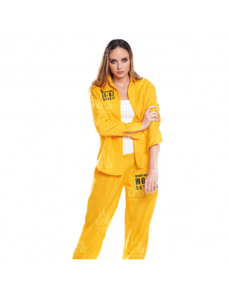 Disfraz de prisionera color amarillo con letras negras para jóvenes y adultos para carnaval, halloween, celebraciones, talla M