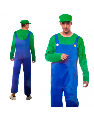 Disfraz de fontanero de color verde con gorra incluida para jóvenes y adultos para carnaval, halloween, talla S