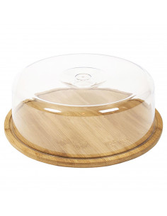 Quesera redonda con tapa de plástico y base de madera 28 x 9,4 cm. Recipiente para conservar queso o embutidos