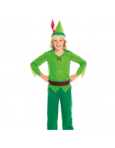 Disfraz de Peter Pan infantil, fibra sintética, incluye gorro, camisa, pantalón, cinturón y cubrebotas, carnaval, halloween, cos