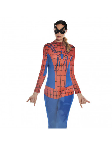 Disfraz chica arácnida de color azul y rojo con antifaz incluido para jóvenes y adultos para carnaval, halloween, celebraciones,