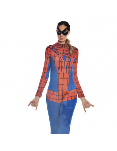 Disfraz chica arácnida de color azul y rojo con antifaz incluido para jóvenes y adultos para carnaval, halloween, celebraciones,