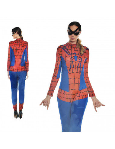 Disfraz chica arácnida de color azul y rojo con antifaz incluido para jóvenes y adultos para carnaval, halloween, celebraciones,
