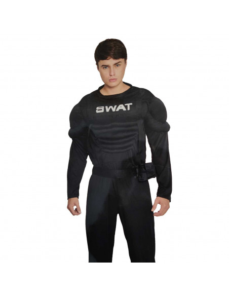 Disfraz agente SWAT musculoso de color negro para jóvenes y adultos para carnaval, halloween, celebraciones, talla S Disfraz agente SWAT musculoso de color negro para jóvenes y adultos para carnaval, halloween, celebraciones, talla S