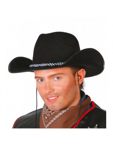 Clásico sombrero de vaquero de plástico y tela color negro para jóvenes y adultos para carnaval, halloween y celebraciones. Tama