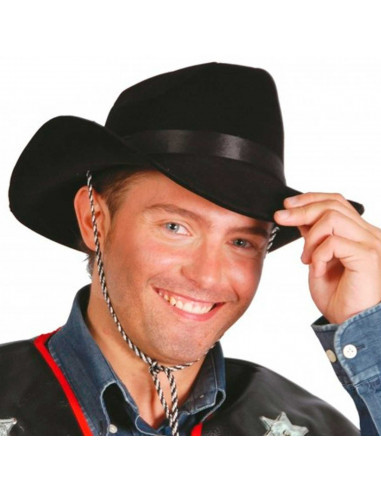 Clásico sombrero de vaquero de plástico y tela color negro para jóvenes y adultos para carnaval, halloween y celebraciones. Tama