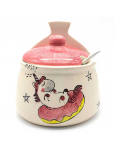 Tradineur - Azucarero de cerámica con tapa y cucharilla, diseño de unicornio, 12 x 11,5 x 8,5 cm. Salero, recipiente para azúcar